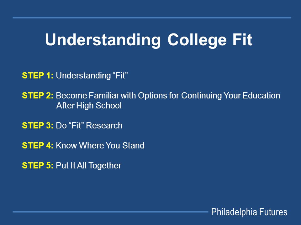 STEP 1: Understanding Fit STEP 2: Become Familiar with Options for Continuing Your Education After High School STEP 3: Do Fit Research STEP 4: Know Where You Stand STEP 5: Put It All Together Philadelphia Futures Understanding College Fit