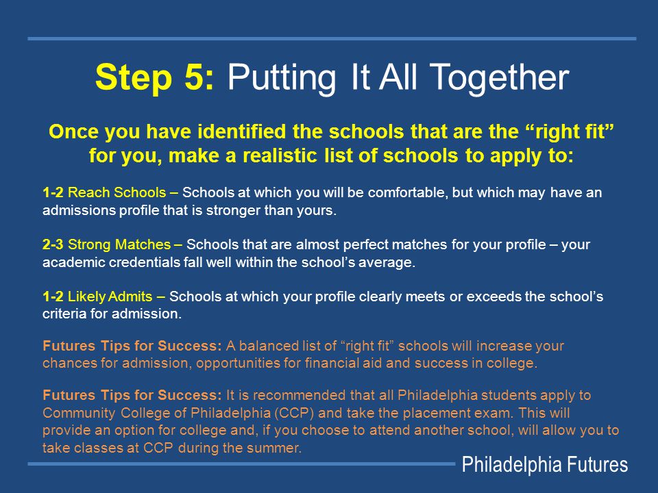 Philadelphia Futures Step 5: Putting It All Together Once you have identified the schools that are the right fit for you, make a realistic list of schools to apply to: 1-2 Reach Schools – Schools at which you will be comfortable, but which may have an admissions profile that is stronger than yours.