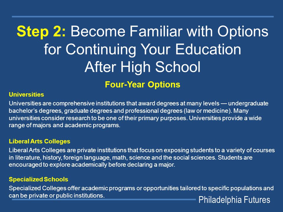 Philadelphia Futures Step 2: Become Familiar with Options for Continuing Your Education After High School Four-Year Options Universities Universities are comprehensive institutions that award degrees at many levels — undergraduate bachelor’s degrees, graduate degrees and professional degrees (law or medicine).
