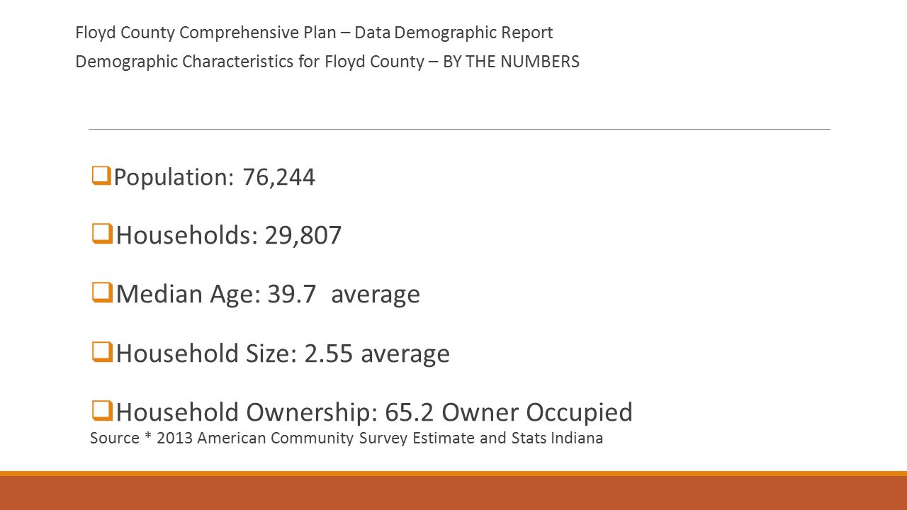Demographic Characteristics for Floyd County – BY THE NUMBERS  Population: 76,244  Households: 29,807  Median Age: 39.7 average  Household Size: 2.55 average  Household Ownership: 65.2 Owner Occupied Source * 2013 American Community Survey Estimate and Stats Indiana