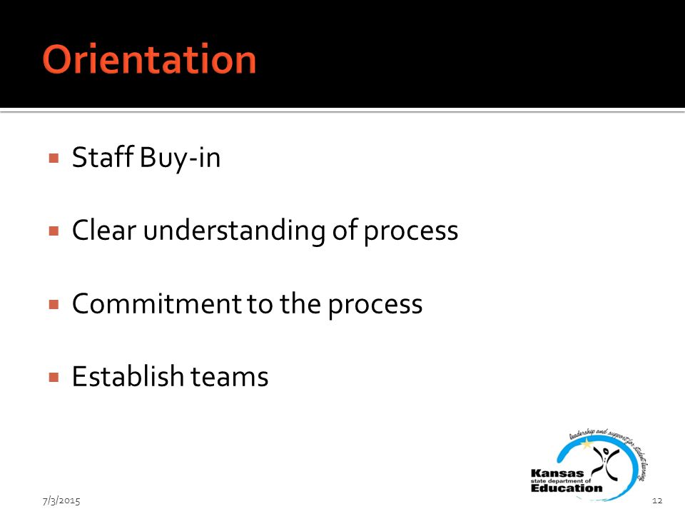  Staff Buy-in  Clear understanding of process  Commitment to the process  Establish teams 7/3/201512