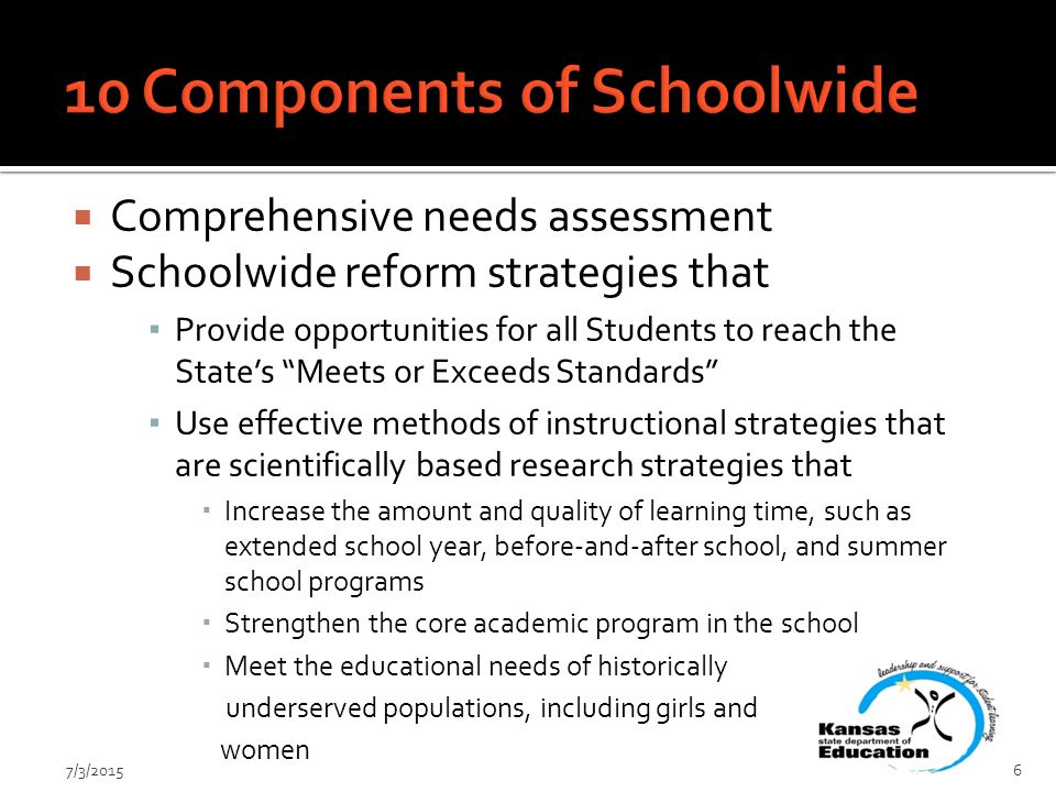  Comprehensive needs assessment  Schoolwide reform strategies that ▪ Provide opportunities for all Students to reach the State’s Meets or Exceeds Standards ▪ Use effective methods of instructional strategies that are scientifically based research strategies that  Increase the amount and quality of learning time, such as extended school year, before-and-after school, and summer school programs  Strengthen the core academic program in the school  Meet the educational needs of historically underserved populations, including girls and women 7/3/20156