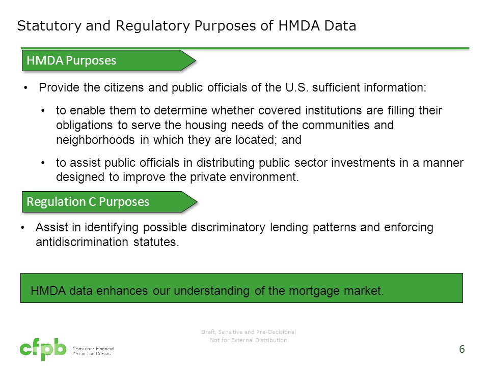 Statutory and Regulatory Purposes of HMDA Data HMDA Purposes Provide the citizens and public officials of the U.S.