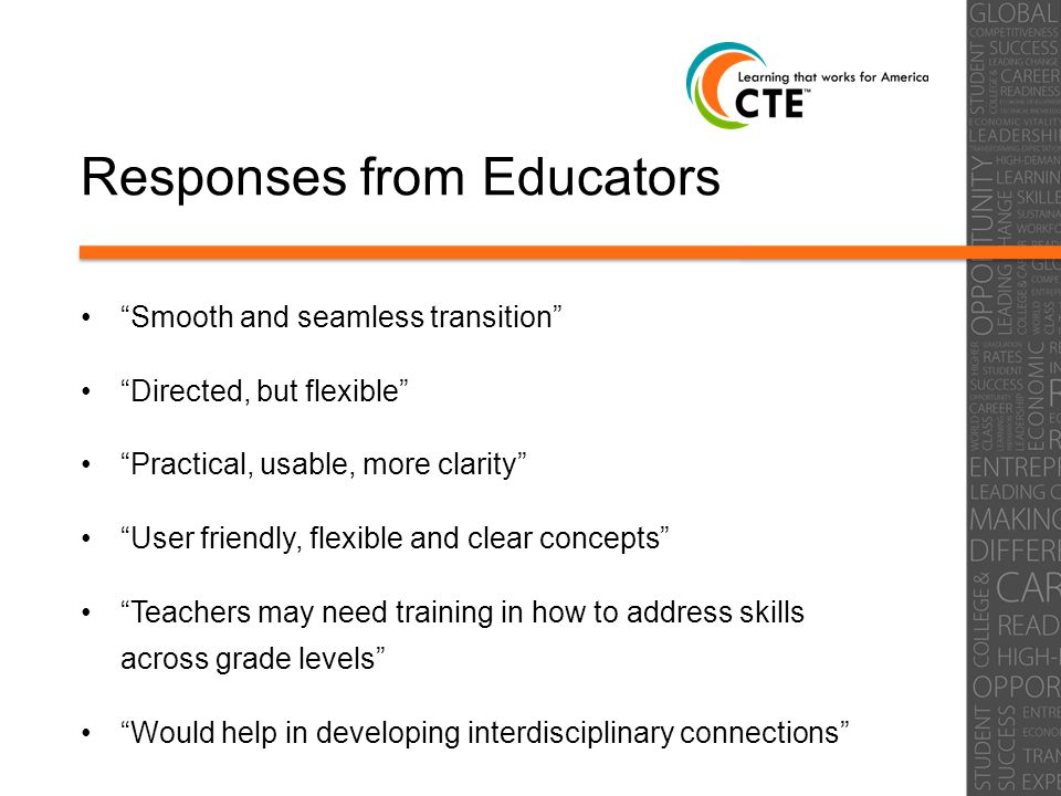 Responses from Educators Smooth and seamless transition Directed, but flexible Practical, usable, more clarity User friendly, flexible and clear concepts Teachers may need training in how to address skills across grade levels Would help in developing interdisciplinary connections