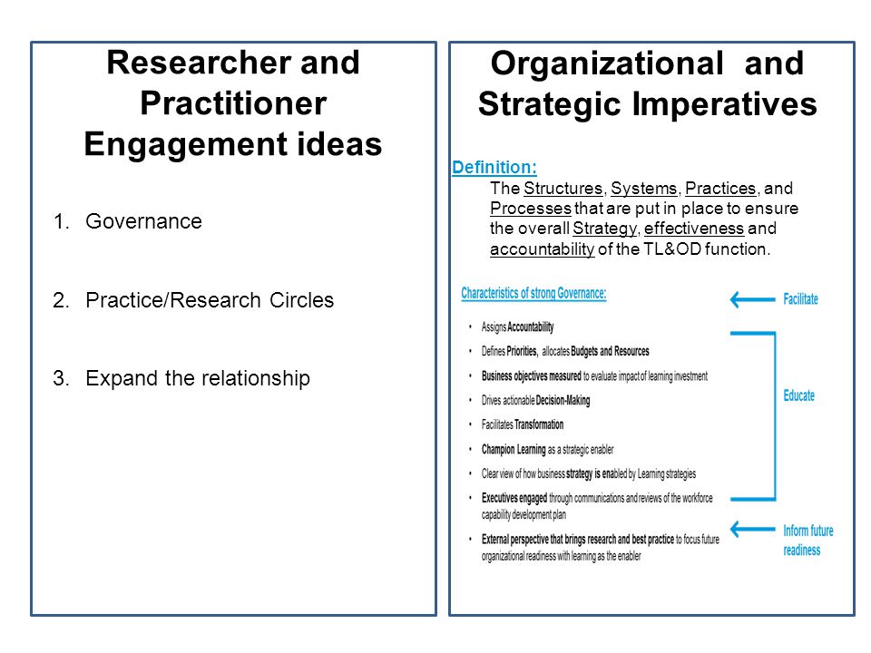 Researcher and Practitioner Engagement ideas 1. Governance 2.