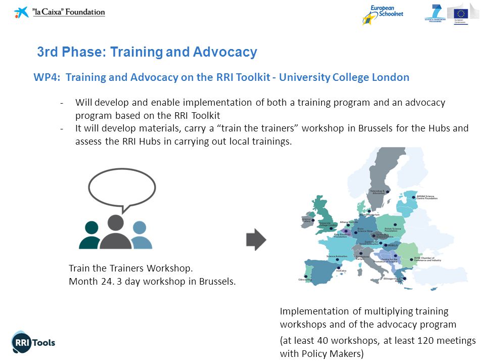 -Will develop and enable implementation of both a training program and an advocacy program based on the RRI Toolkit -It will develop materials, carry a train the trainers workshop in Brussels for the Hubs and assess the RRI Hubs in carrying out local trainings.