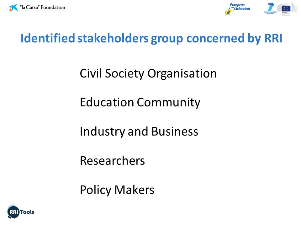 Identified stakeholders group concerned by RRI Civil Society Organisation Education Community Industry and Business Researchers Policy Makers