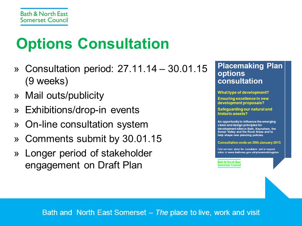 Bath and North East Somerset – The place to live, work and visit Options Consultation »Consultation period: – (9 weeks) »Mail outs/publicity »Exhibitions/drop-in events »On-line consultation system »Comments submit by »Longer period of stakeholder engagement on Draft Plan