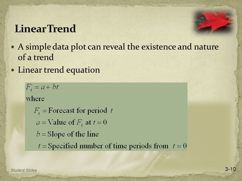 A simple data plot can reveal the existence and nature of a trend Linear trend equation 3-10 Student Slides