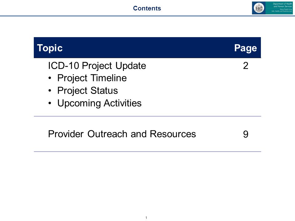 1 Contents TopicPage ICD-10 Project Update Project Timeline Project Status Upcoming Activities 2 Provider Outreach and Resources 9