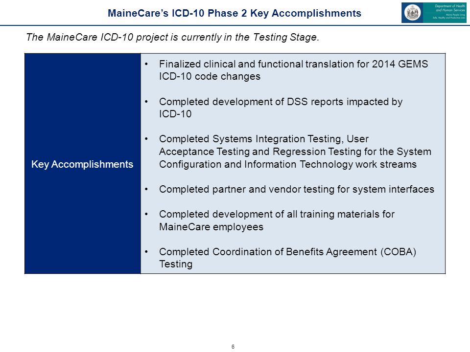 6 MaineCare’s ICD-10 Phase 2 Key Accomplishments The MaineCare ICD-10 project is currently in the Testing Stage.