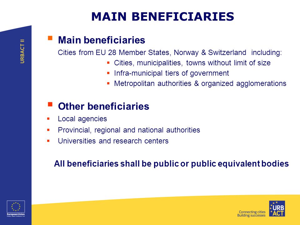 MAIN BENEFICIARIES  Main beneficiaries Cities from EU 28 Member States, Norway & Switzerland including:  Cities, municipalities, towns without limit of size  Infra-municipal tiers of government  Metropolitan authorities & organized agglomerations  Other beneficiaries  Local agencies  Provincial, regional and national authorities  Universities and research centers All beneficiaries shall be public or public equivalent bodies
