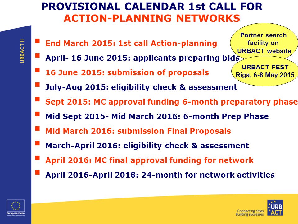 PROVISIONAL CALENDAR 1st CALL FOR ACTION-PLANNING NETWORKS  End March 2015: 1st call Action-planning  April- 16 June 2015: applicants preparing bids  16 June 2015: submission of proposals  July-Aug 2015: eligibility check & assessment  Sept 2015: MC approval funding 6-month preparatory phase  Mid Sept Mid March 2016: 6-month Prep Phase  Mid March 2016: submission Final Proposals  March-April 2016: eligibility check & assessment  April 2016: MC final approval funding for network  April 2016-April 2018: 24-month for network activities Partner search facility on URBACT website URBACT FEST Riga, 6-8 May 2015