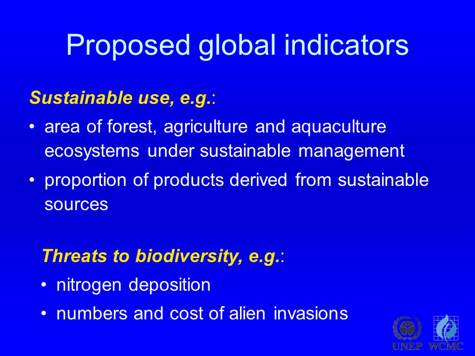 Proposed global indicators Sustainable use, e.g.: area of forest, agriculture and aquaculture ecosystems under sustainable management proportion of products derived from sustainable sources Threats to biodiversity, e.g.: nitrogen deposition numbers and cost of alien invasions
