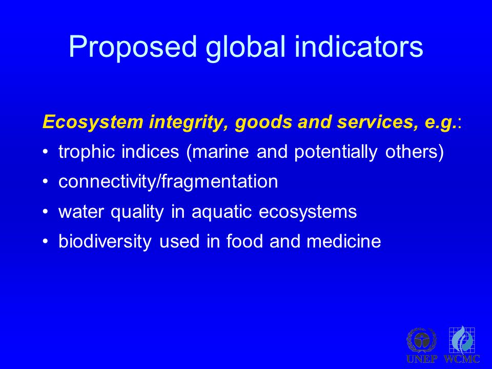 Proposed global indicators Ecosystem integrity, goods and services, e.g.: trophic indices (marine and potentially others) connectivity/fragmentation water quality in aquatic ecosystems biodiversity used in food and medicine