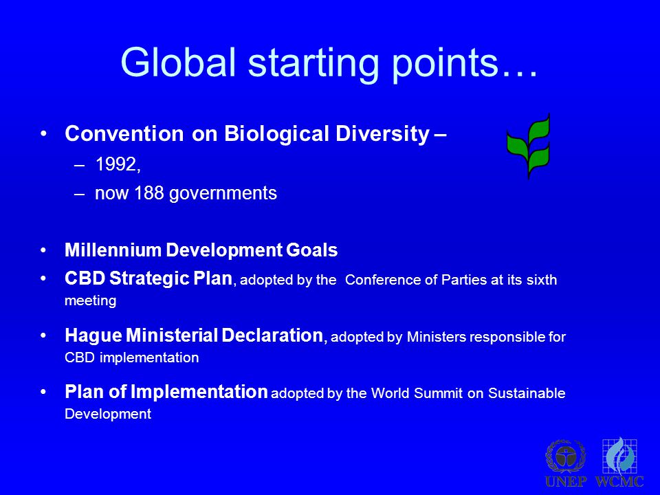 Global starting points… Convention on Biological Diversity – –1992, –now 188 governments Millennium Development Goals CBD Strategic Plan, adopted by the Conference of Parties at its sixth meeting Hague Ministerial Declaration, adopted by Ministers responsible for CBD implementation Plan of Implementation adopted by the World Summit on Sustainable Development