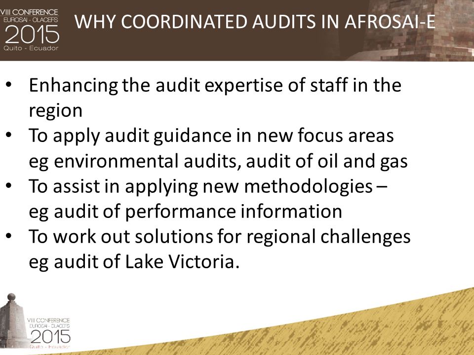 Enhancing the audit expertise of staff in the region To apply audit guidance in new focus areas eg environmental audits, audit of oil and gas To assist in applying new methodologies – eg audit of performance information To work out solutions for regional challenges eg audit of Lake Victoria.