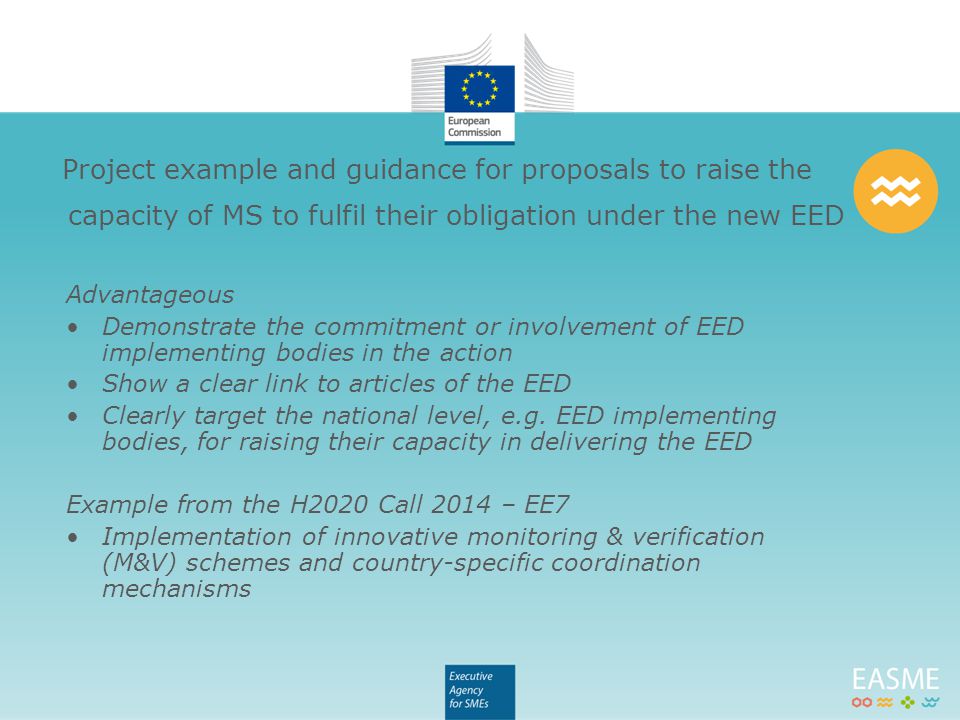 Advantageous Demonstrate the commitment or involvement of EED implementing bodies in the action Show a clear link to articles of the EED Clearly target the national level, e.g.