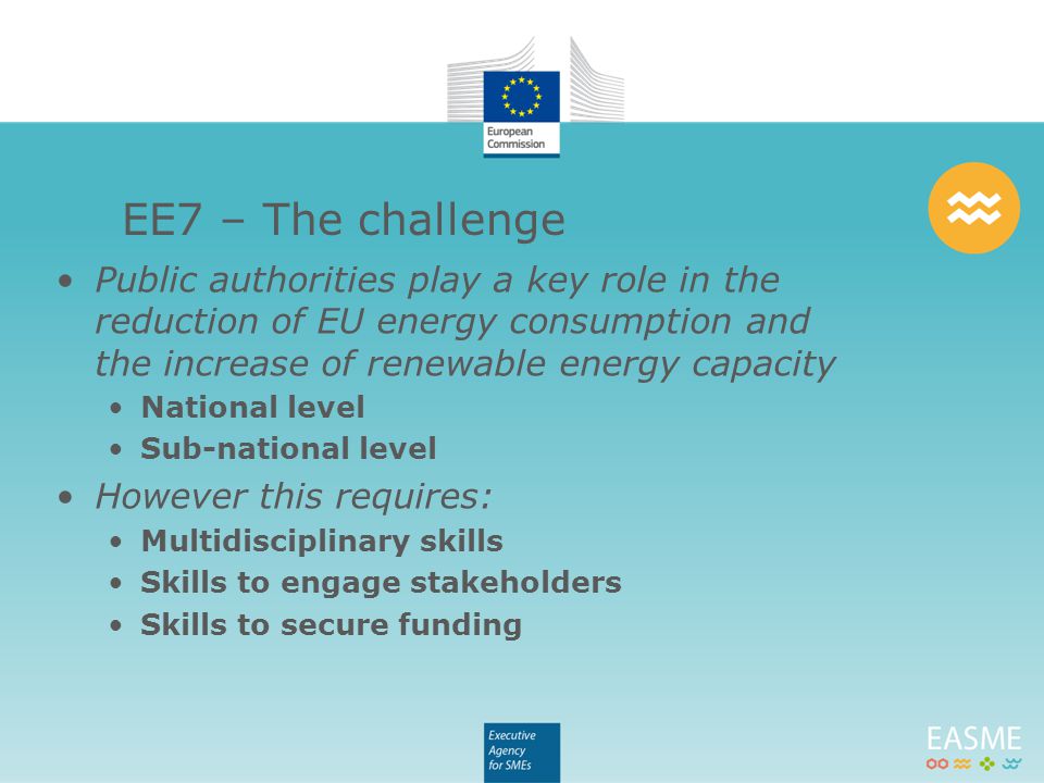 Public authorities play a key role in the reduction of EU energy consumption and the increase of renewable energy capacity National level Sub-national level However this requires: Multidisciplinary skills Skills to engage stakeholders Skills to secure funding EE7 – The challenge