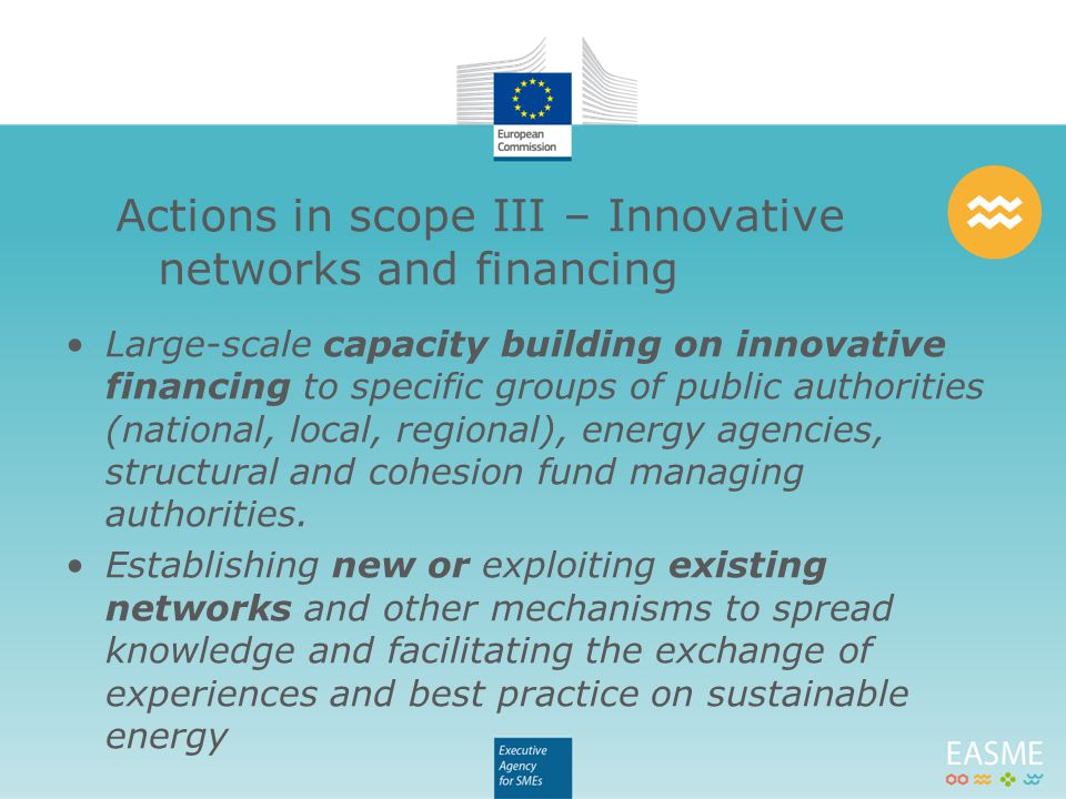 Large-scale capacity building on innovative financing to specific groups of public authorities (national, local, regional), energy agencies, structural and cohesion fund managing authorities.