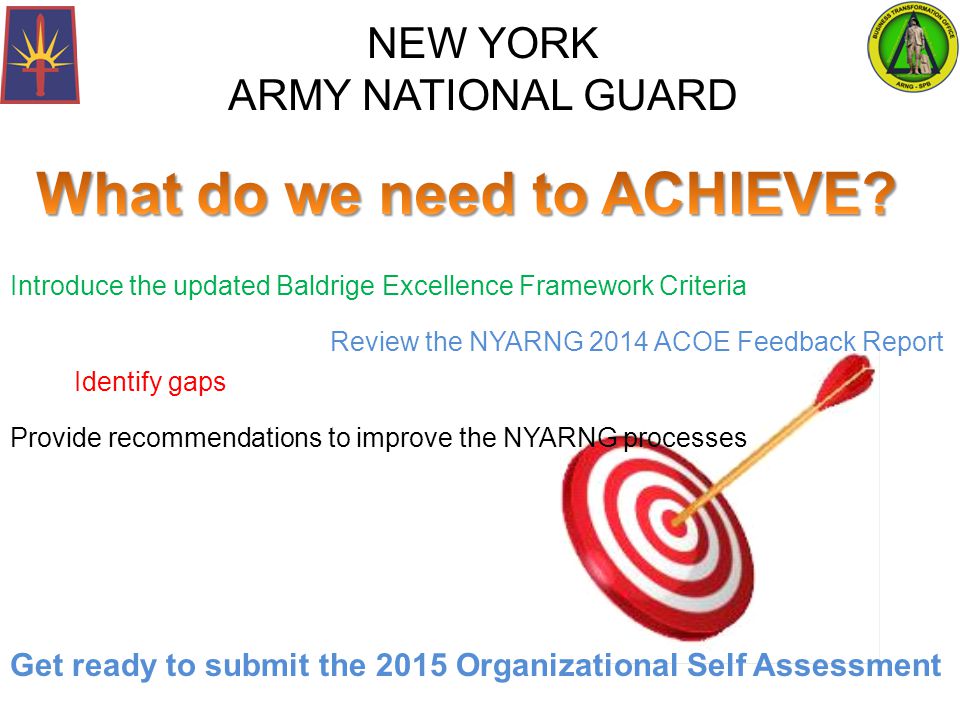 Introduce the updated Baldrige Excellence Framework Criteria Review the NYARNG 2014 ACOE Feedback Report Provide recommendations to improve the NYARNG processes Identify gaps Get ready to submit the 2015 Organizational Self Assessment