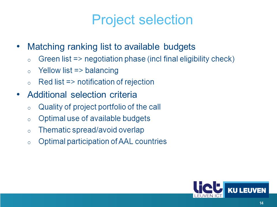 14 Project selection Matching ranking list to available budgets o Green list => negotiation phase (incl final eligibility check) o Yellow list => balancing o Red list => notification of rejection Additional selection criteria o Quality of project portfolio of the call o Optimal use of available budgets o Thematic spread/avoid overlap o Optimal participation of AAL countries