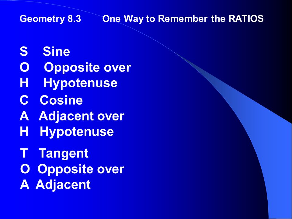 S Sine O Opposite over H Hypotenuse C Cosine A Adjacent over H Hypotenuse Geometry 8.3One Way to Remember the RATIOS