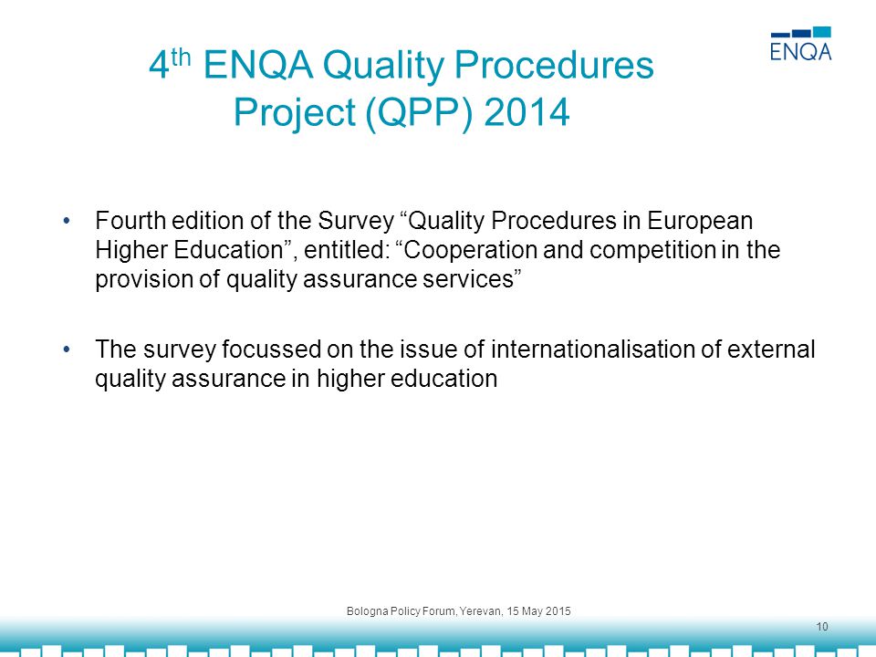 4 th ENQA Quality Procedures Project (QPP) 2014 Fourth edition of the Survey Quality Procedures in European Higher Education , entitled: Cooperation and competition in the provision of quality assurance services The survey focussed on the issue of internationalisation of external quality assurance in higher education Bologna Policy Forum, Yerevan, 15 May