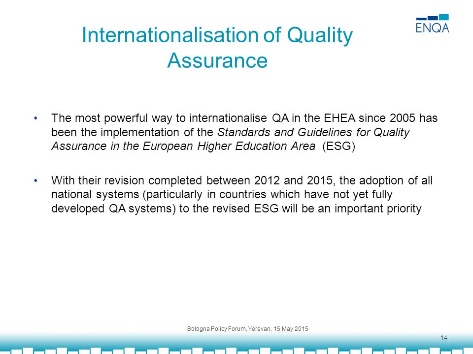 Internationalisation of Quality Assurance The most powerful way to internationalise QA in the EHEA since 2005 has been the implementation of the Standards and Guidelines for Quality Assurance in the European Higher Education Area (ESG) With their revision completed between 2012 and 2015, the adoption of all national systems (particularly in countries which have not yet fully developed QA systems) to the revised ESG will be an important priority Bologna Policy Forum, Yerevan, 15 May