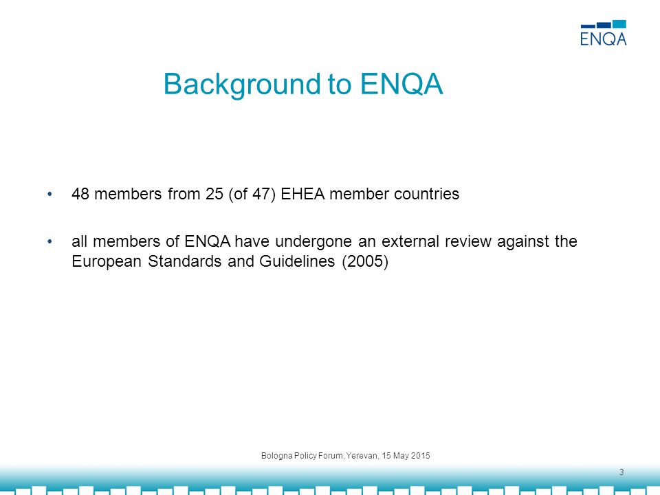Background to ENQA 48 members from 25 (of 47) EHEA member countries all members of ENQA have undergone an external review against the European Standards and Guidelines (2005) Bologna Policy Forum, Yerevan, 15 May