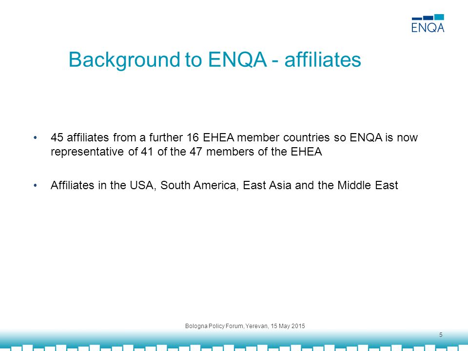 Background to ENQA - affiliates 45 affiliates from a further 16 EHEA member countries so ENQA is now representative of 41 of the 47 members of the EHEA Affiliates in the USA, South America, East Asia and the Middle East Bologna Policy Forum, Yerevan, 15 May