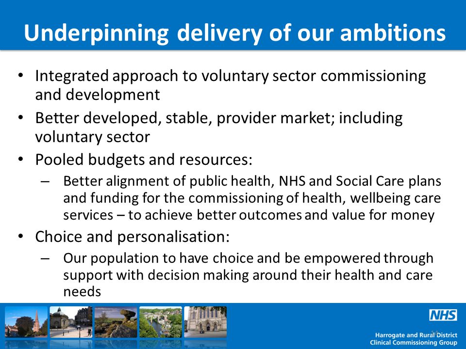 Underpinning delivery of our ambitions Integrated approach to voluntary sector commissioning and development Better developed, stable, provider market; including voluntary sector Pooled budgets and resources: – Better alignment of public health, NHS and Social Care plans and funding for the commissioning of health, wellbeing care services – to achieve better outcomes and value for money Choice and personalisation: – Our population to have choice and be empowered through support with decision making around their health and care needs 14