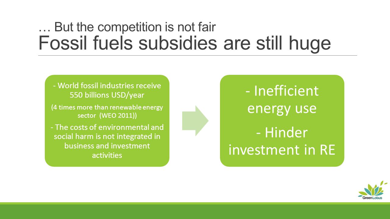 … But the competition is not fair Fossil fuels subsidies are still huge - World fossil industries receive 550 billions USD/year (4 times more than renewable energy sector (WEO 2011)) - The costs of environmental and social harm is not integrated in business and investment activities - Inefficient energy use - Hinder investment in RE