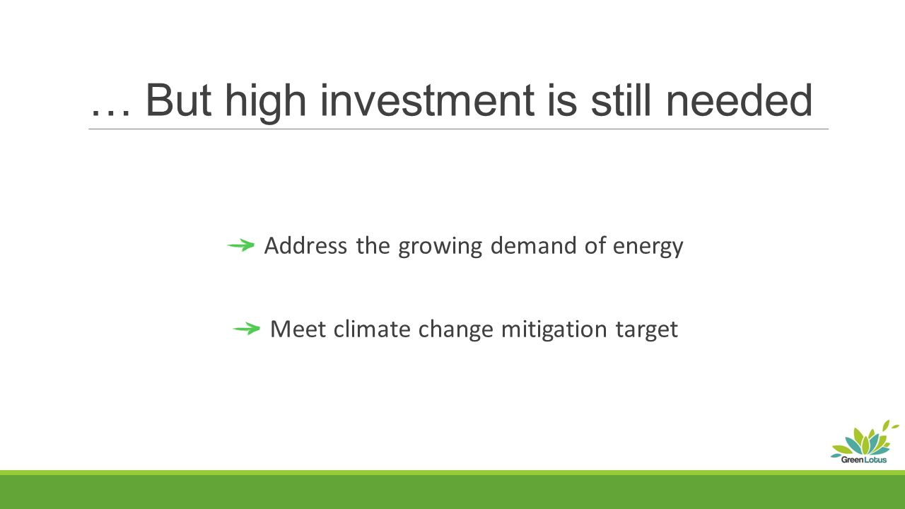 … But high investment is still needed Address the growing demand of energy Meet climate change mitigation target