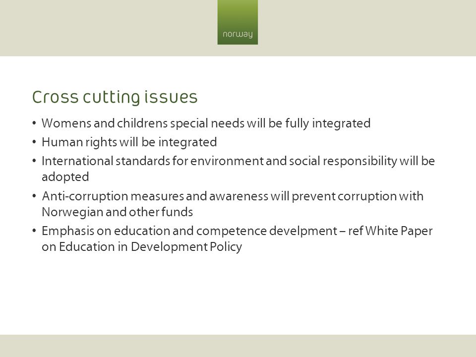 Cross cutting issues Womens and childrens special needs will be fully integrated Human rights will be integrated International standards for environment and social responsibility will be adopted Anti-corruption measures and awareness will prevent corruption with Norwegian and other funds Emphasis on education and competence develpment – ref White Paper on Education in Development Policy
