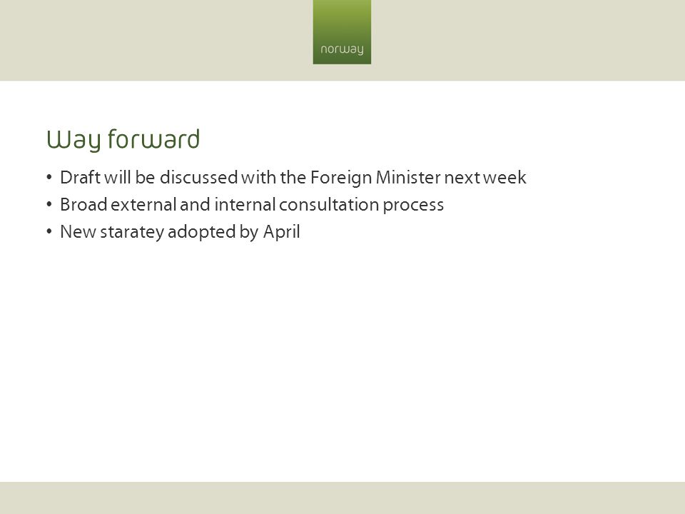 Way forward Draft will be discussed with the Foreign Minister next week Broad external and internal consultation process New staratey adopted by April