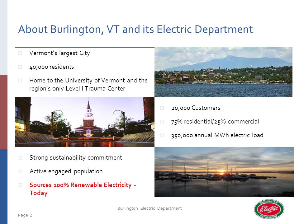 About Burlington, VT and its Electric Department  Vermont’s largest City  40,000 residents  Home to the University of Vermont and the region’s only Level I Trauma Center  20,000 Customers  75% residential/25% commercial  350,000 annual MWh electric load  Strong sustainability commitment  Active engaged population  Sources 100% Renewable Electricity - Today Burlington Electric Department Page 2