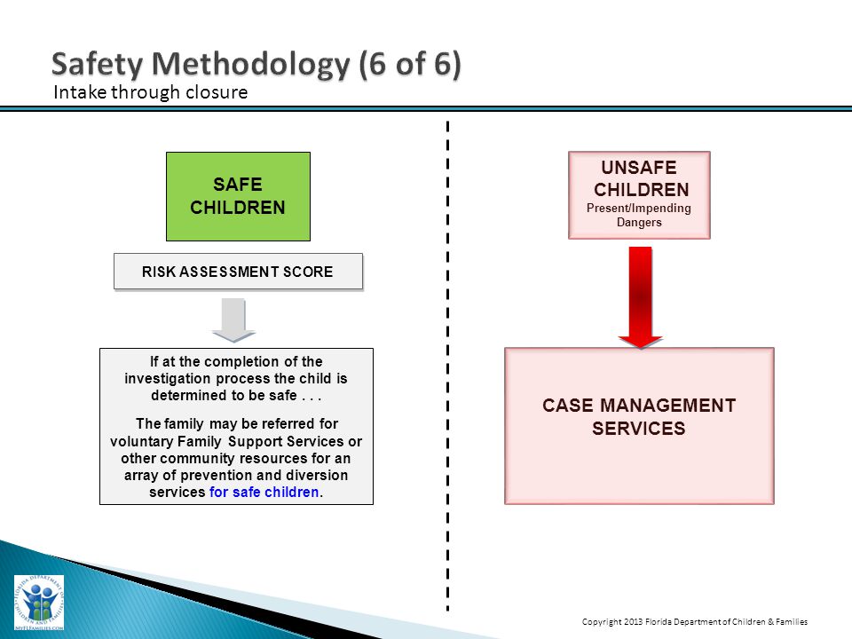 Intake through closure CASE MANAGEMENT SERVICES SAFE CHILDREN RISK ASSESSMENT SCORE If at the completion of the investigation process the child is determined to be safe...