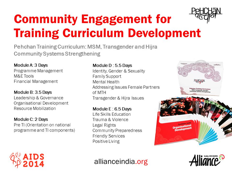 allianceindia.org Community Engagement for Training Curriculum Development Pehchan Training Curriculum: MSM, Transgender and Hijra Community Systems Strengthening Module A: 3 Days Programme Management M&E Tools Financial Management Module B: 3.5 Days Leadership & Governance Organisational Development Resource Mobilization Module C: 2 Days Pre TI (Orientation on national programme and TI components) Module D : 5.5 Days Identity, Gender & Sexuality Family Support Mental Health Addressing Issues Female Partners of MTH Transgender & Hijra Issues Module E : 6.5 Days Life Skills Education Trauma & Violence Legal Rights Community Preparedness Friendly Services Positive Living