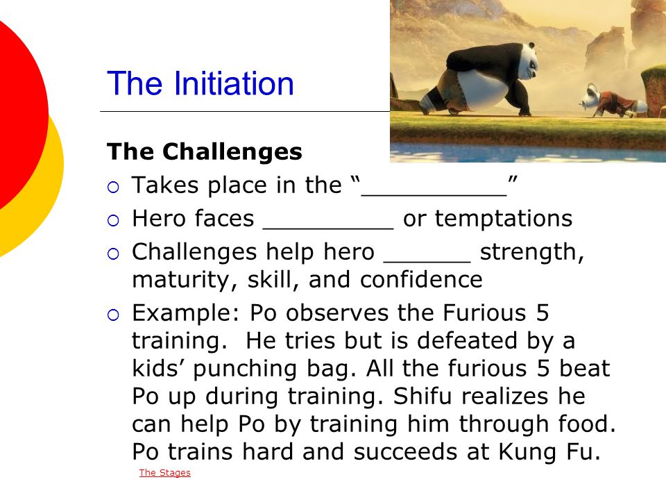 The Initiation The Challenges  Takes place in the __________  Hero faces _________ or temptations  Challenges help hero ______ strength, maturity, skill, and confidence  Example: Po observes the Furious 5 training.