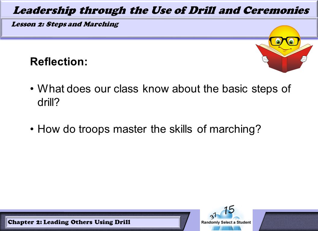 LESSON 2: ROLES OF LEADERS AND FOLLOWERS IN DRILL Leadership through the Use of Drill and Ceremonies Lesson 2: Steps and Marching Lesson 2: Steps and Marching Chapter 2: Leading Others Using Drill Reflection: What does our class know about the basic steps of drill.