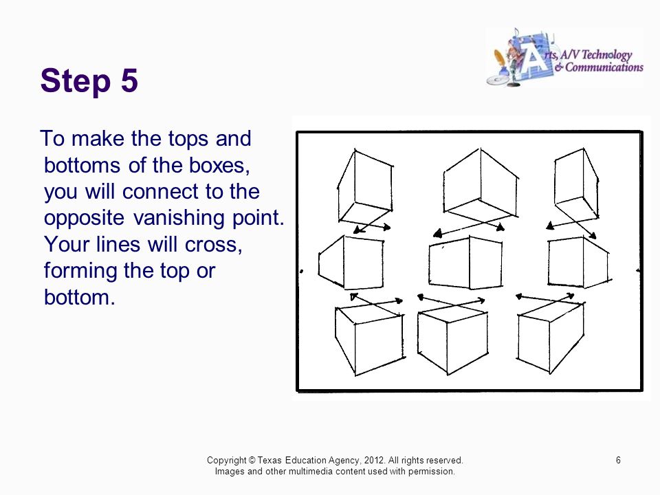 To make the tops and bottoms of the boxes, you will connect to the opposite vanishing point.