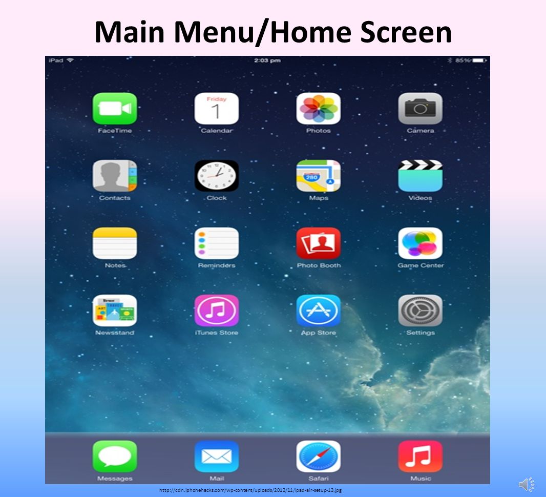 Turning on the device Press and hold the on/off button on the top right of the iPad or iPhone until the screen lights up with a white apple on it.