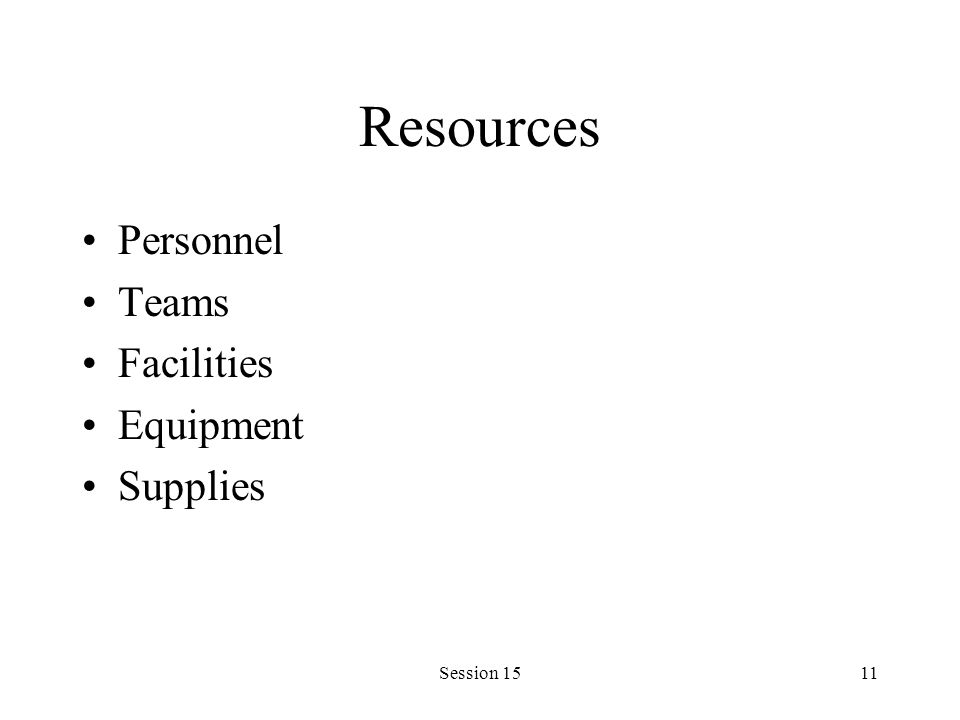 Session 1511 Resources Personnel Teams Facilities Equipment Supplies