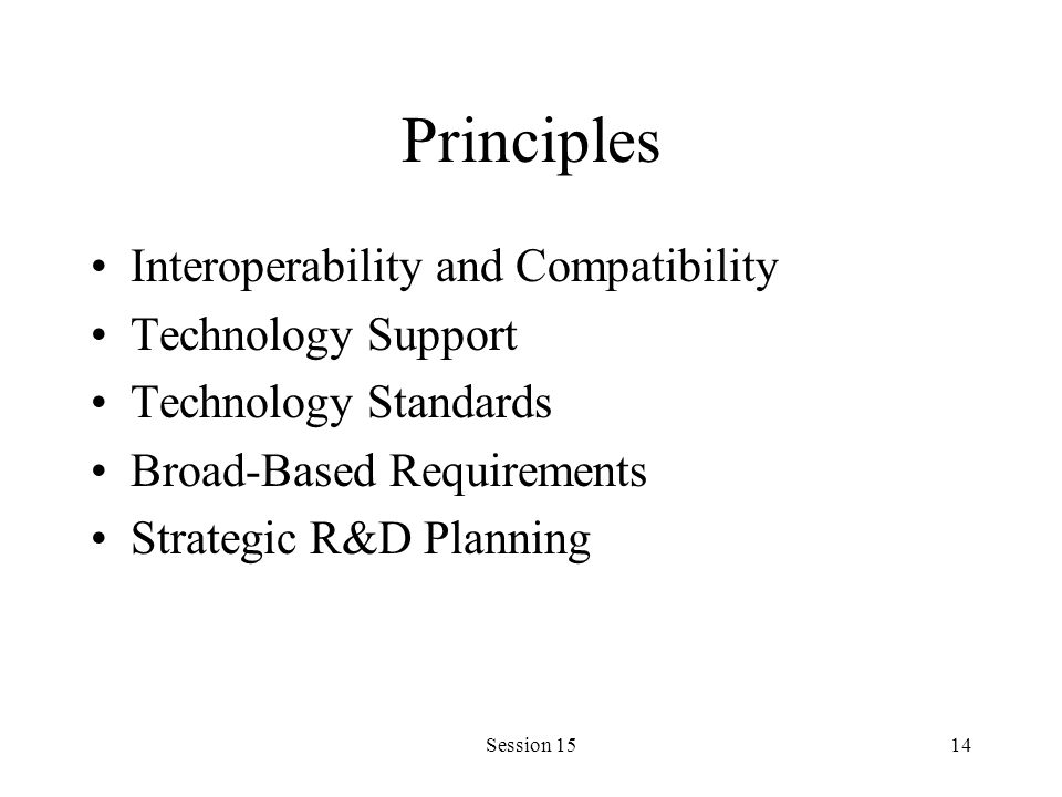 Session 1514 Principles Interoperability and Compatibility Technology Support Technology Standards Broad-Based Requirements Strategic R&D Planning