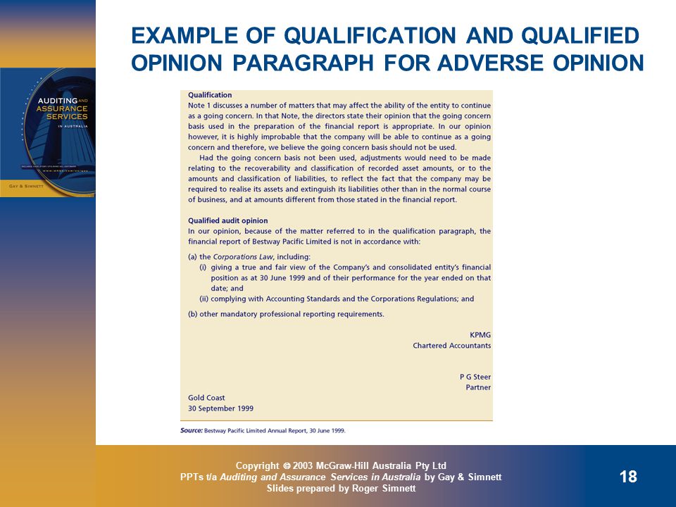 Copyright  2003 McGraw-Hill Australia Pty Ltd PPTs t/a Auditing and Assurance Services in Australia by Gay & Simnett Slides prepared by Roger Simnett 18 EXAMPLE OF QUALIFICATION AND QUALIFIED OPINION PARAGRAPH FOR ADVERSE OPINION