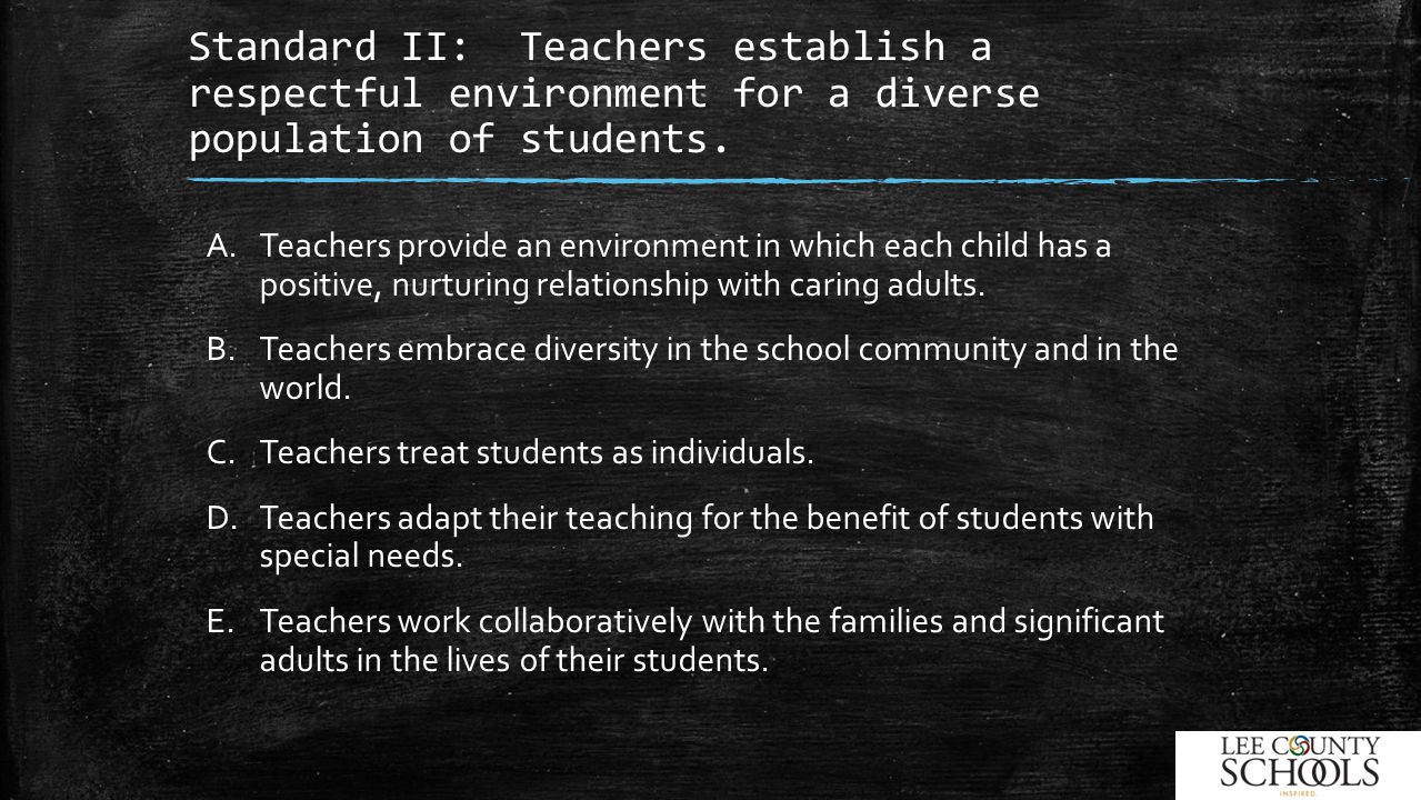 Standard II: Teachers establish a respectful environment for a diverse population of students.