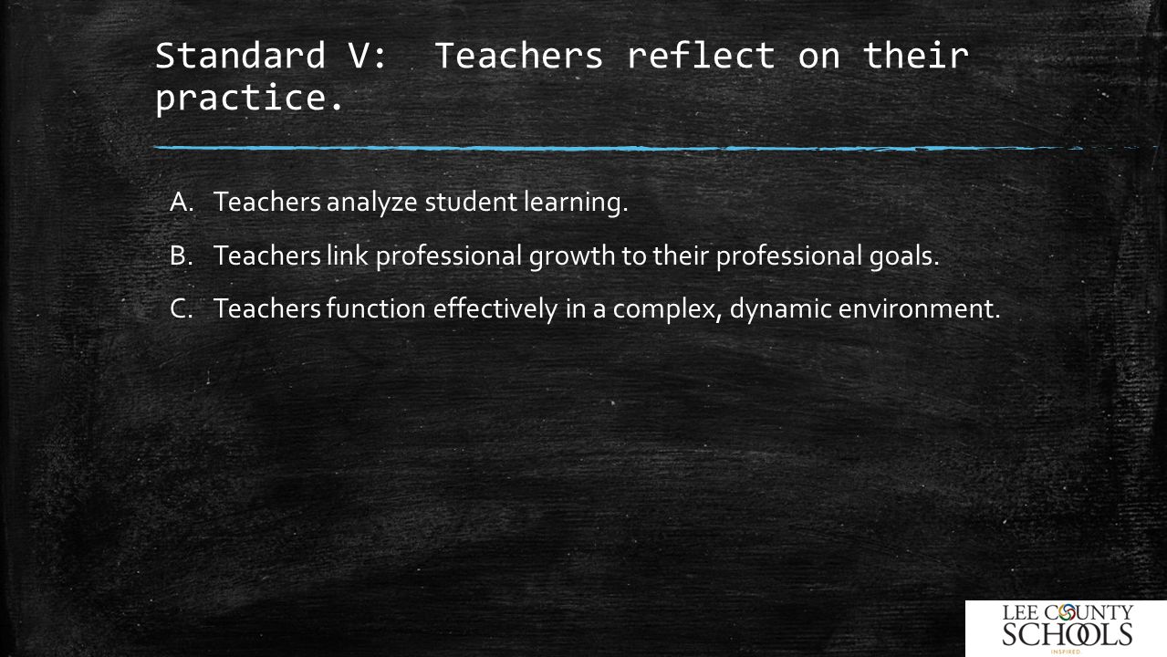 Standard V: Teachers reflect on their practice. A.Teachers analyze student learning.