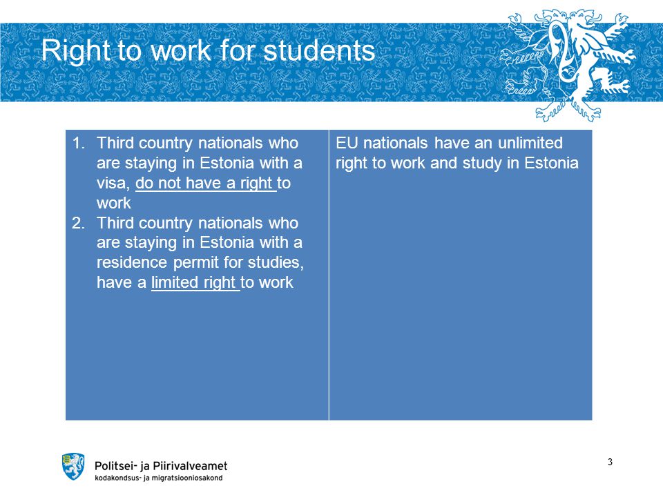 Right to work for students 3 1.Third country nationals who are staying in Estonia with a visa, do not have a right to work 2.Third country nationals who are staying in Estonia with a residence permit for studies, have a limited right to work EU nationals have an unlimited right to work and study in Estonia