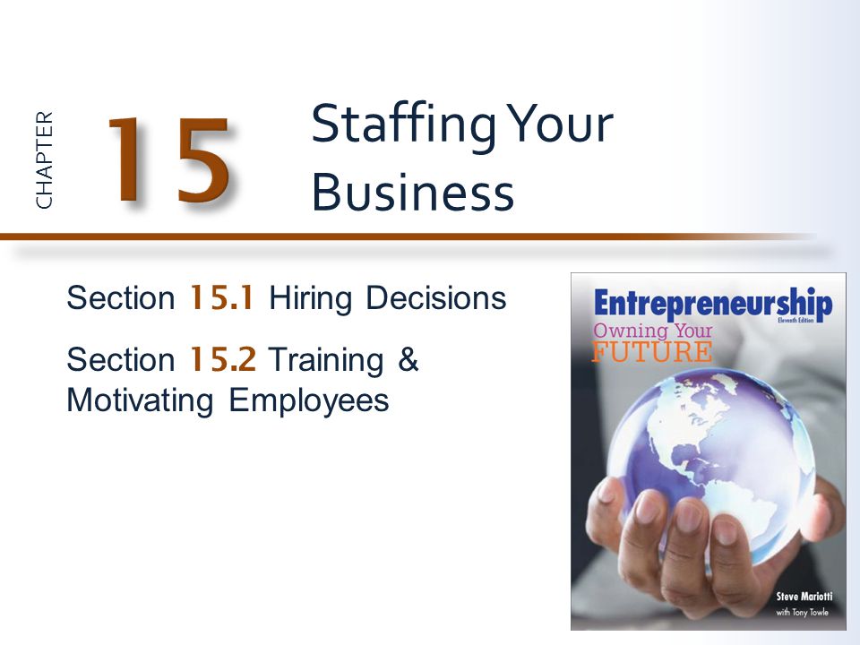 CHAPTER Section 15.1 Hiring Decisions Section 15.2 Training & Motivating Employees Staffing Your Business